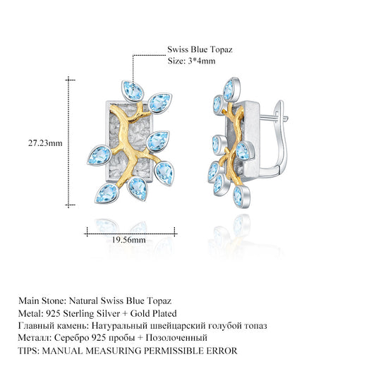 Designer Natural Topaz Earrings with Flower Branch and Jade Leaf Design s925Silver Inlaid Gemstone Stud Earrings