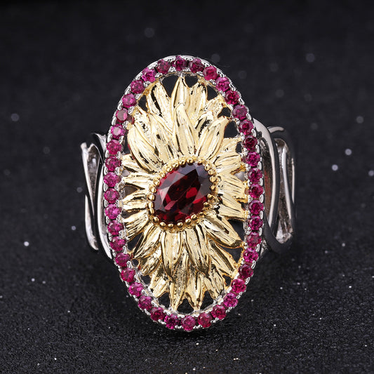 Designer Elegant Retro Style Natural Gemstone Ring Sunflower Floral Design s925Silver Rose Pomegranate Ring