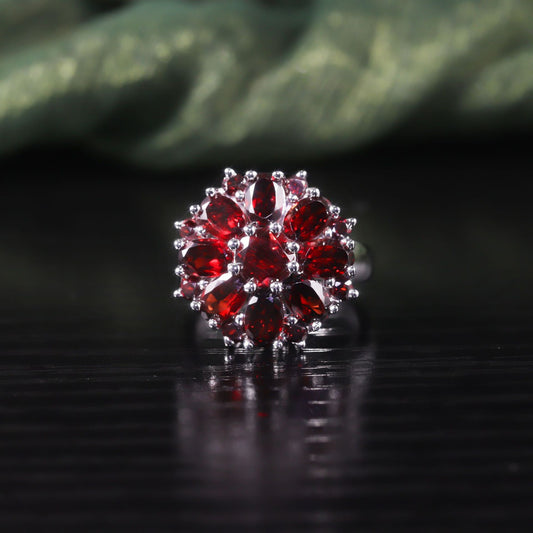 Exaggerated Luxurious Ring s925Sterling Silver Topaz Gemstone Ring Natural Garnet Ring Flower