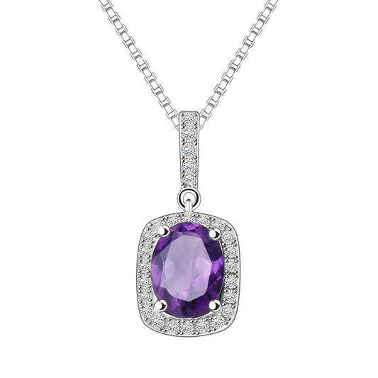 Natural Gemstone Pure Silver Necklace Simple Fashion s925Silver Inlaid Natural Amethyst Necklace Pendant