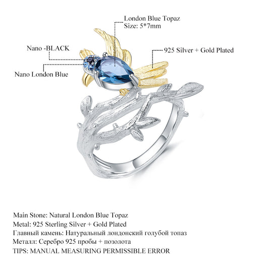 Italian Craft Designer Gemstone Ring Natural Style Magpie Design925Silver Natural Topaz Ring