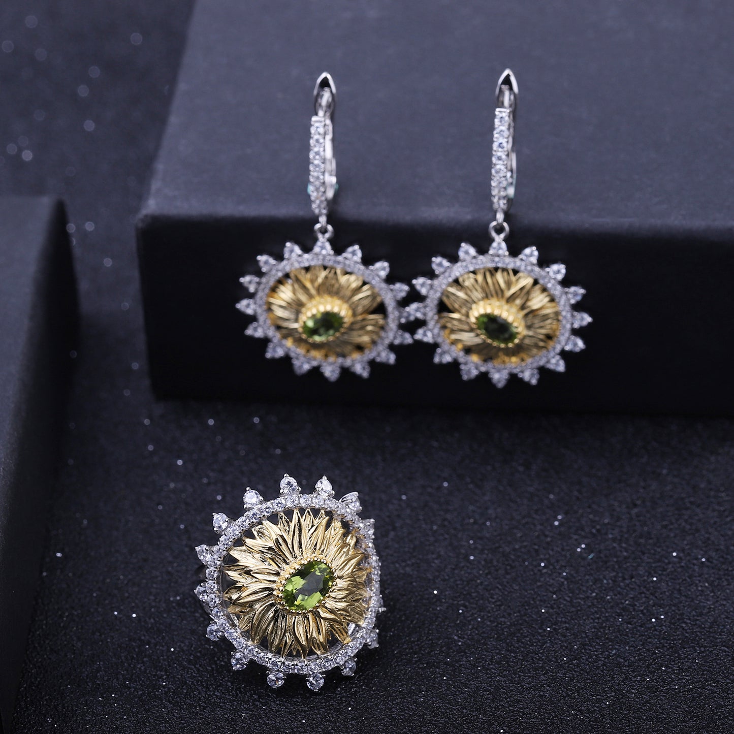 Designer High-End Natural Peridot Jewelry Set Sunflower Element Design925Silver Ring Earrings