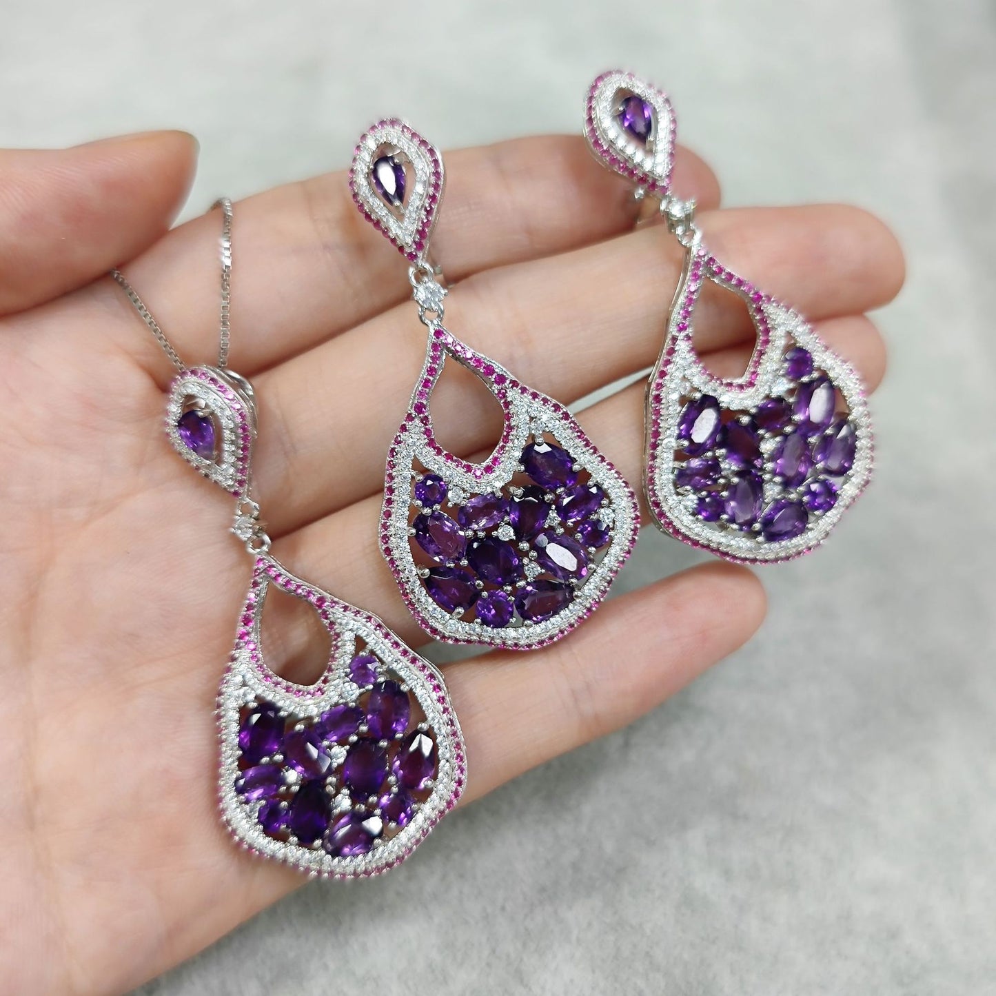 Niche Design Natural Amethyst Jewelry Set Unique Irregular s925Sterling Silver Necklace Pendant
