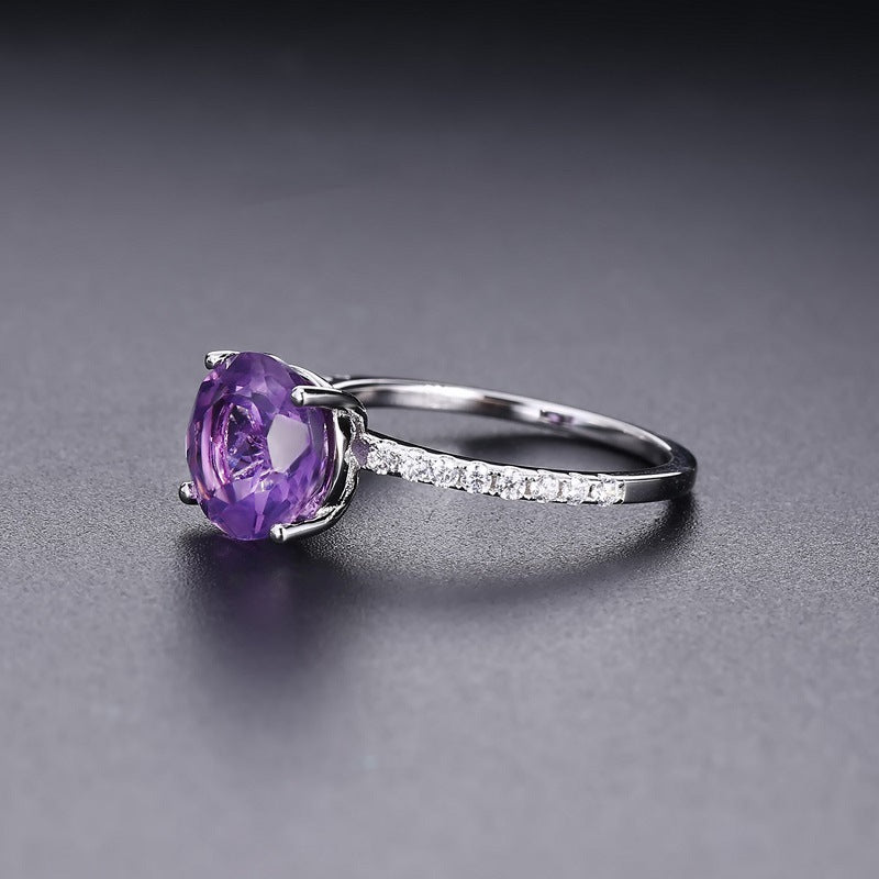 Fashionable Light Luxury Personality Gemstone Ring Seiko Inlaid with Natural Gemstone Amethyst s925Silver Rings Wholesale