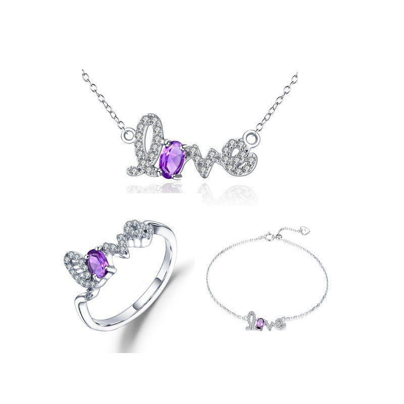 Natural Amethyst Original Design Jewelry Set s925Silver Inlaid Ring Bracelet Necklace Three-Piece Set