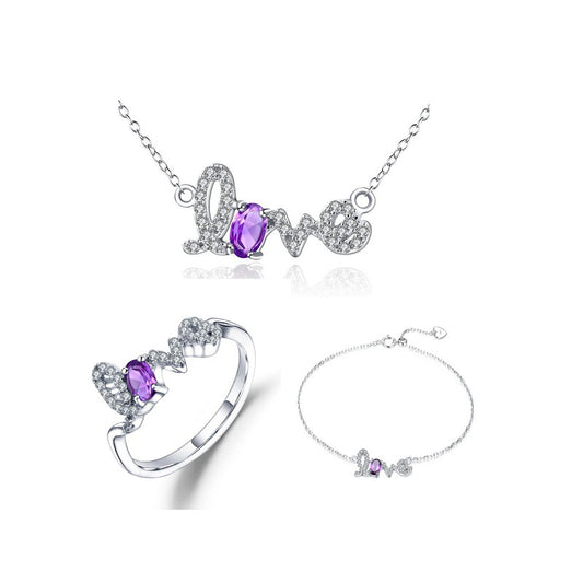 Natural Amethyst Original Design Jewelry Set s925Silver Inlaid Ring Bracelet Necklace Three-Piece Set
