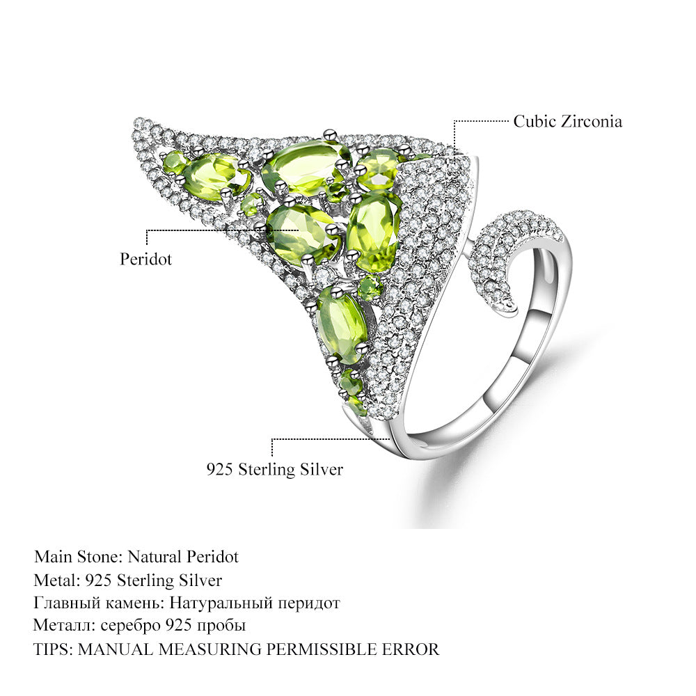 Italian Craft Designer Open Ring Personality Exaggerated Luxury s925Silver Natural Peridot Ring