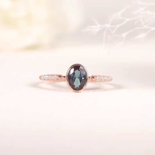 Minimalist Style Synthetic Alexandrite Ring s925Silver Gold-Plated Gemstone Ring