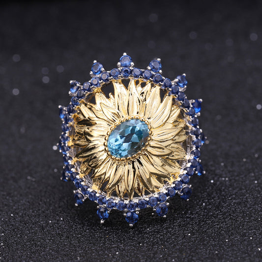 Original Designer Sunflower Ring Italian Craft Vintage Style925Sterling Silver Natural Topaz Ring