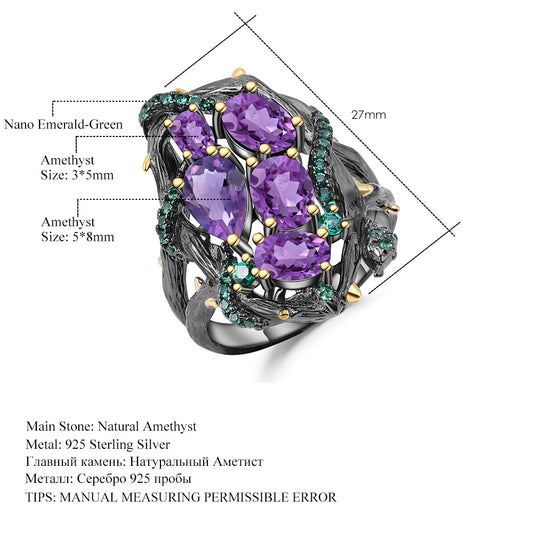 Italian Craft Designer Gemstone Ring Natural Style S925Silver Natural Gemstone Amethyst Ring