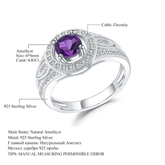 Classic Elegant Gemstone Ring s925Sterling Silver Inlaid Natural Amethyst Ring for Women Wholesale