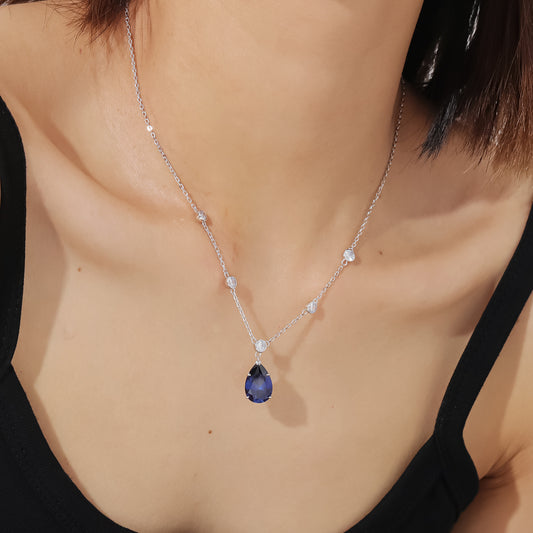 Design-inspired Chain s925Sterling Silver Royal Blue Cultivated Sapphire Pendant Water Drop Shape6.9Carat Gemstone Necklace