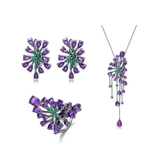 Designer High-End Luxurious Jewelry Set s925Silver Natural Amethyst Ring Earrings Pendant