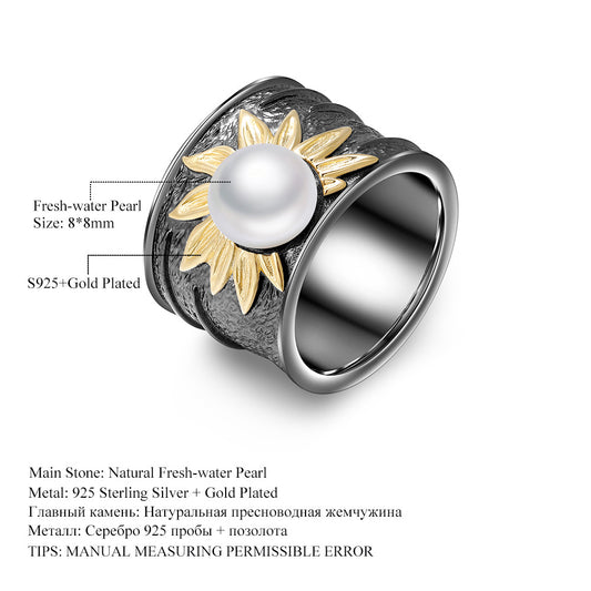 High-end Designer Pearl Ring Natural Style Sunflower Flowers s925Silver Natural Freshwater Beads Ring