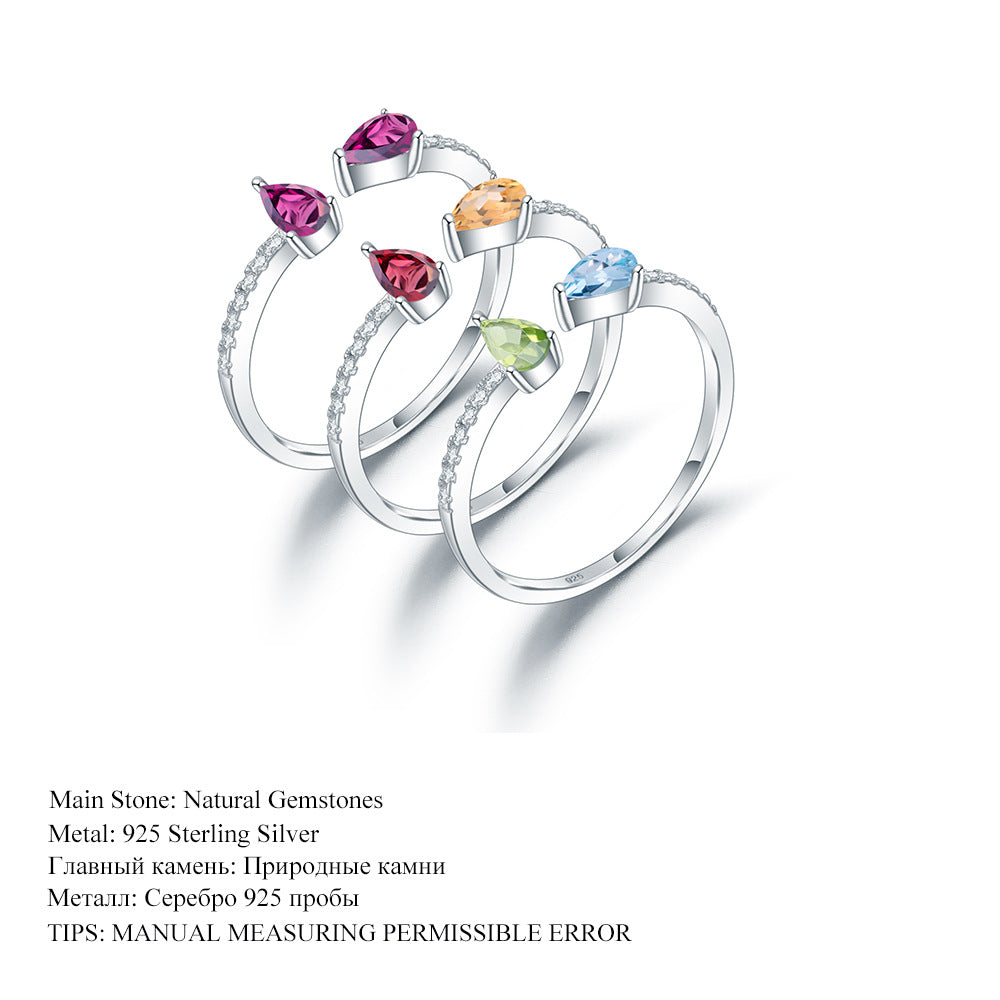 Design Sense Light Luxury Simple Natural Translucent Stone Ring Adjustable Prosperous Series925Silver Inlaid Gemstone Ring