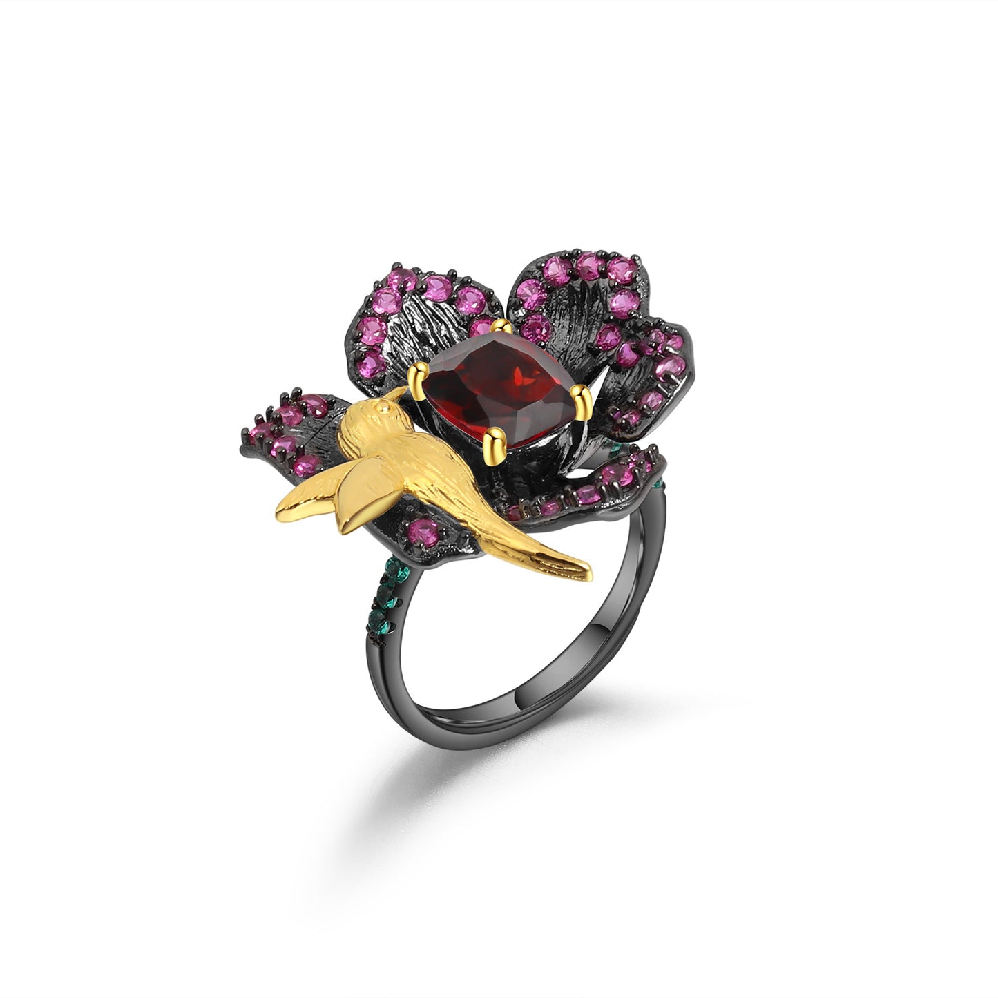 Secret Garden Designer Natural Gemstone Ring with Birds and Flowers Design925Silver Natural Amethyst Ring