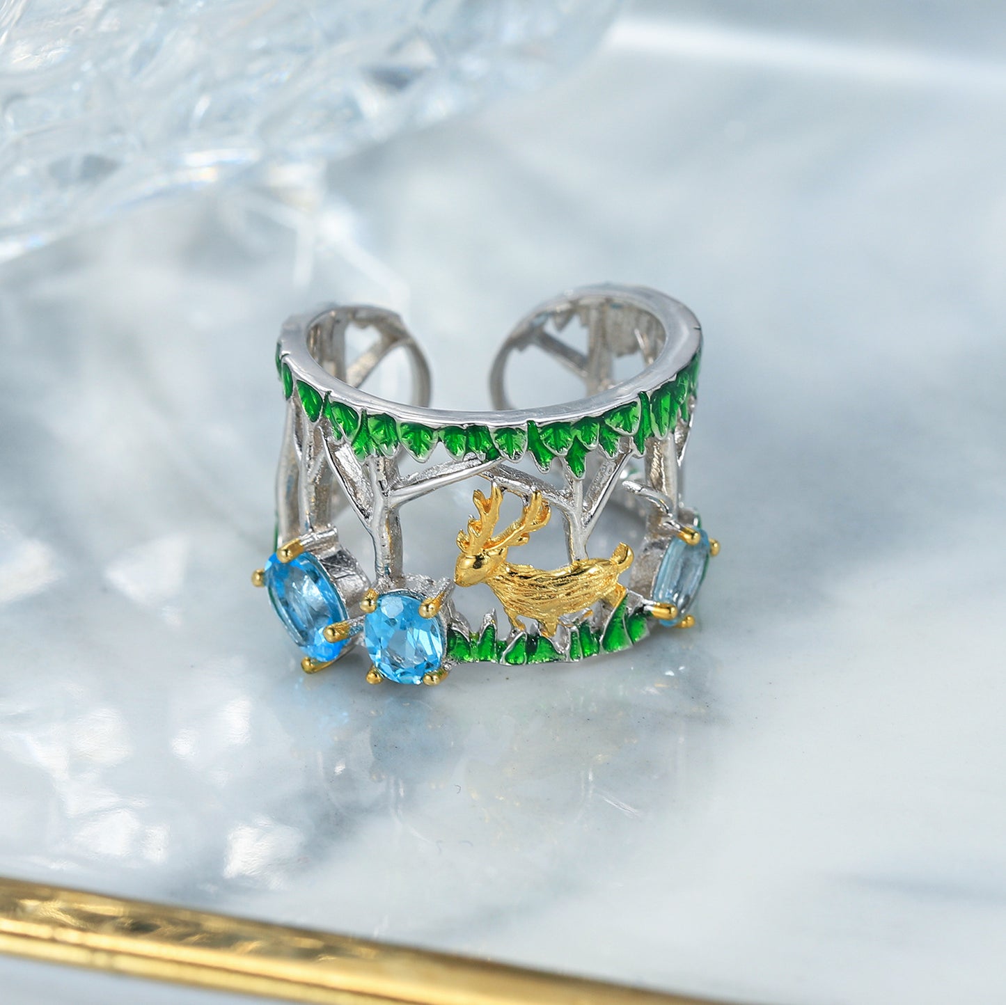 Natural Gemstone Original Design Ring for Women, Niche Hand Jewelry, Adjustable925Sterling Silver Deer Ring