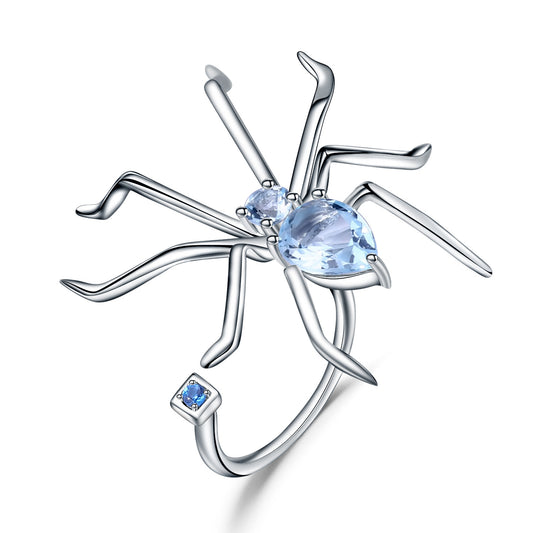 Insect Series Designer Natural Gemstone Ring Spider Design Precision Craftsmanship925Silver Natural Topaz Ring