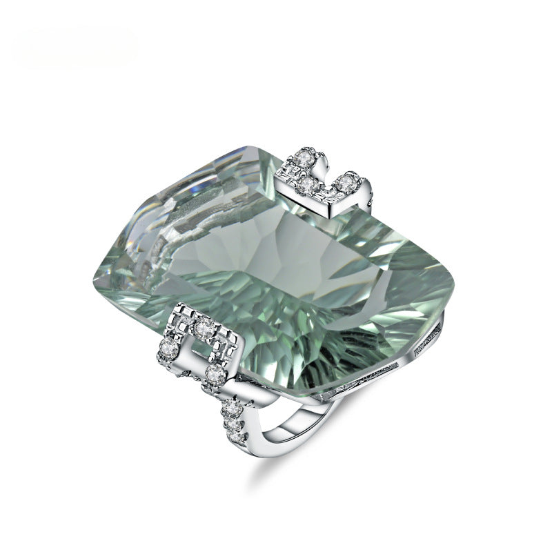 s925Sterling Silver Green Amethyst Ring Fashionable Elegant Luxurious Inlaid Irregular Shape28Large Carat Gemstone Ring with a High-End Feel