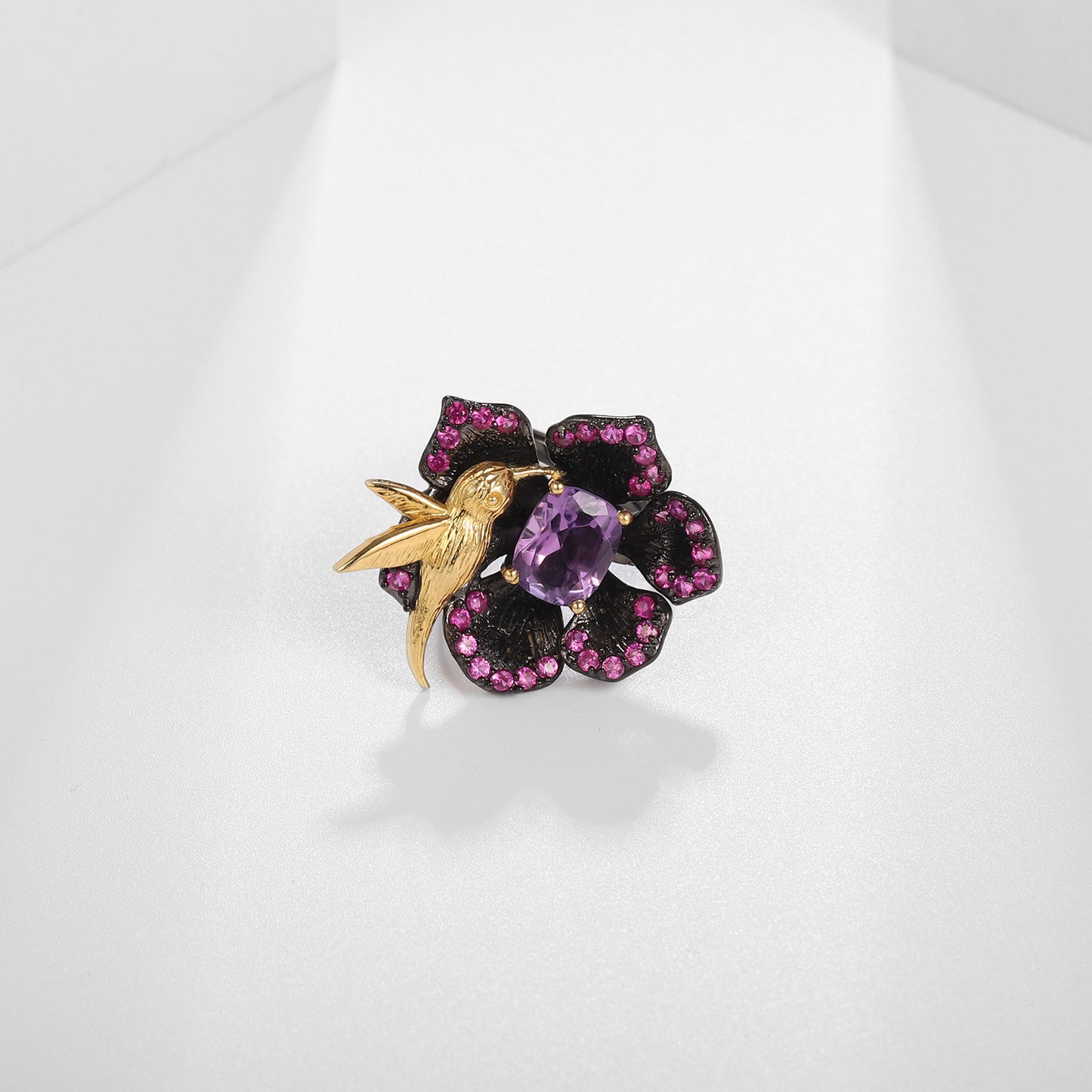 Secret Garden Designer Natural Gemstone Ring with Birds and Flowers Design925Silver Natural Amethyst Ring