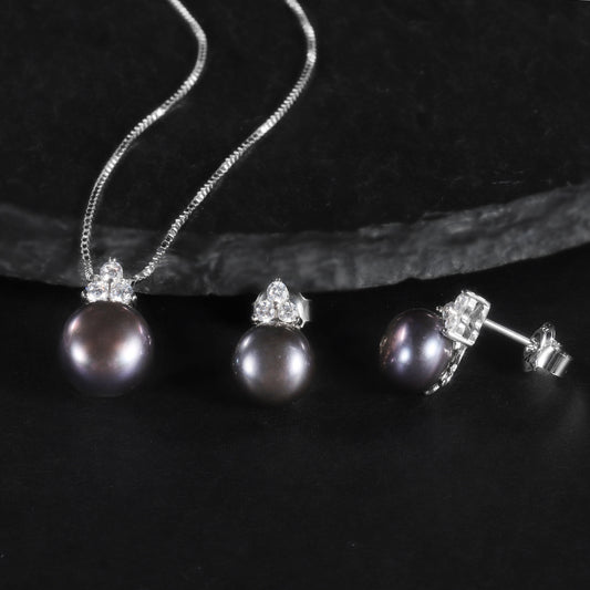 Black Natural Freshwater Pearl Jewelry Set Affordable luxury fashion S925Sterling Silver Pearl Necklace and Earrings Two-Piece Set