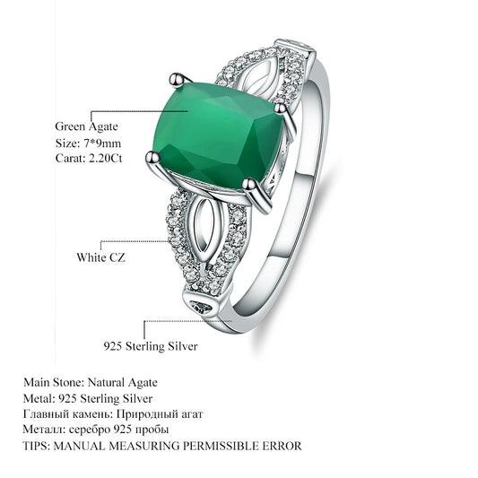Fashionable Design Natural Gemstone Green Agate Ring Personality925Sterling Silver Square Gemstone Ring