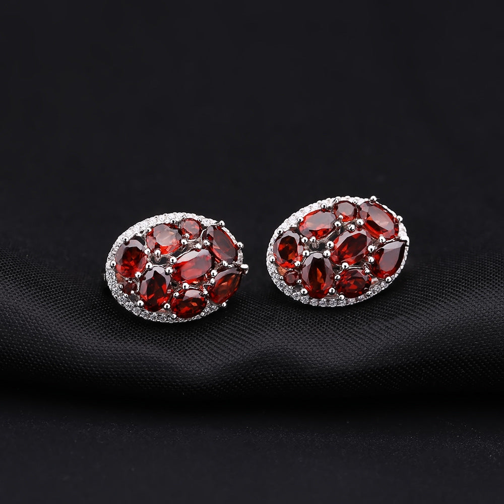 Natural Stone Earrings Vintage Personality Design Sense Garnet Gemstone s925Silver Crystal Earrings