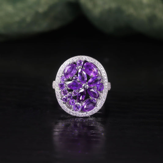 Wind Ring s925Sterling Silver Plated18k Gold Natural Amethyst Cluster Inlaid Mixed Gemstone Ring Jewelry
