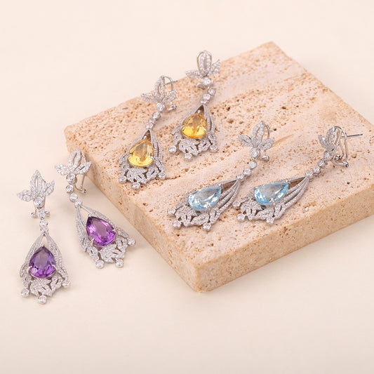 Luxurious Exaggerated Natural Topaz Earrings s925Original Design Pure Silver Inlaid Amethyst Yellow Crystal Large Gemstone Earrings