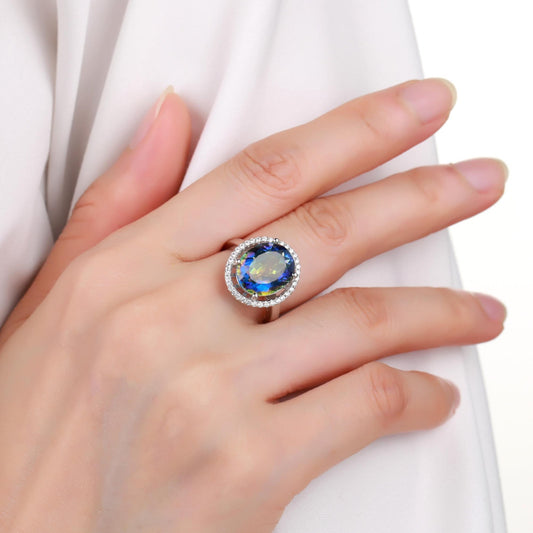 Luxurious Large Size Gemstone Dinner Ring Vintage Fashionable Elegance925Silver Inlaid Colorful Crystal Ring