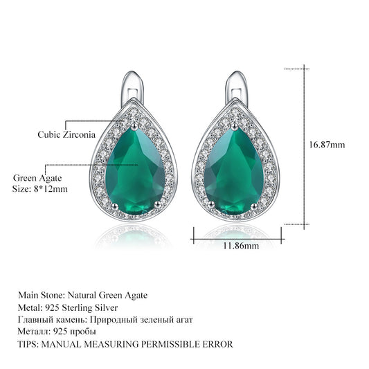 Hong Kong Style Retro Natural Stone Earrings s925Silver Inlaid Green Agate Earrings Water Drop Pear-shaped Gemstone Drop Earrings