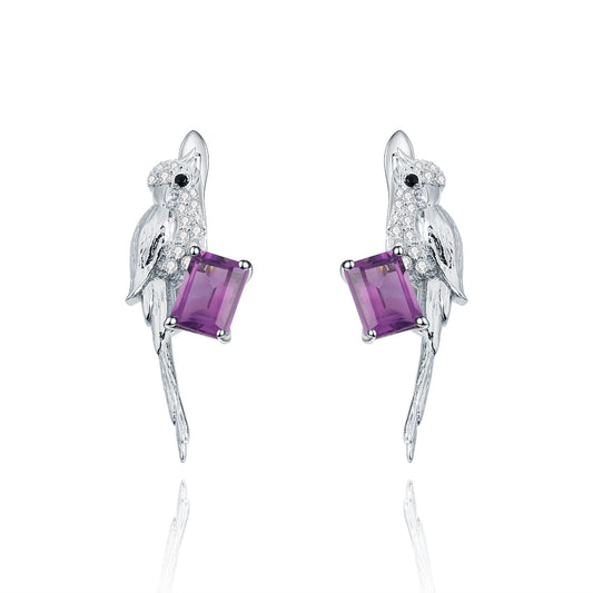 Designer High-End French Romantic Earrings Bird Design s925Silver Natural Amethyst Stud Earrings