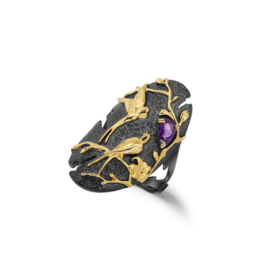 Designer High-End Chinese Style Adjustable Ring with Magpie Personality Design925Silver Natural Amethyst Ring