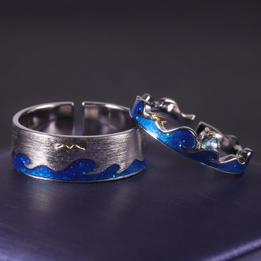 Designer Open Couple Rings Wave Element Natural Style Design925Silver Inlaid Gemstone Enamel Ring
