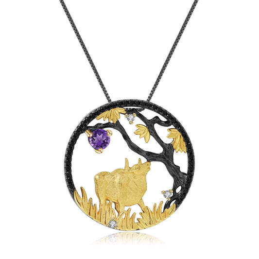 Designer Chinese Style Element Pendant Twelve Zodiac Series Ox925Silver Natural Gemstone Necklace Pendant