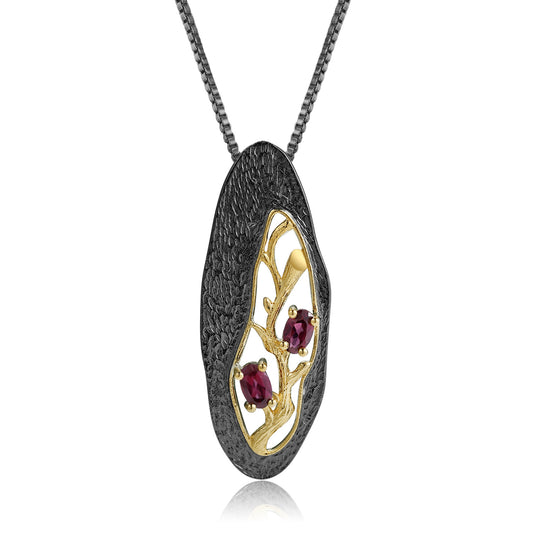 Secret Garden Designer Pendant Crevice Branch Design s925Sterling Silver Natural Rose Garnet Necklace Pendant