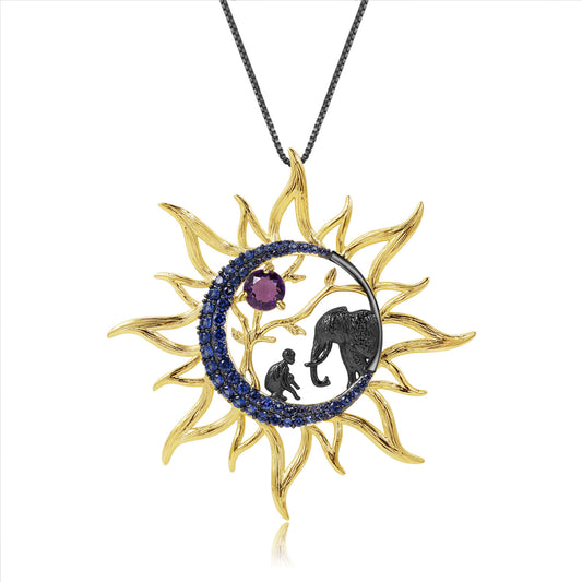 Designer Vintage High-End Pendant Human and Elephant Exaggerated Elements925Silver Natural Gemstone Necklace Pendant
