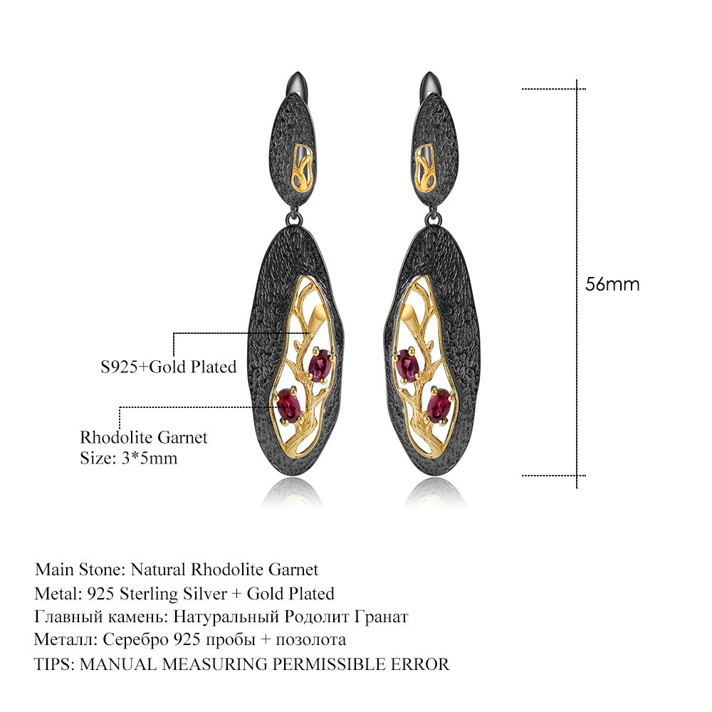 Secret Garden Designer Earrings Clip Branch High-end Feel s925Silver Natural Rose Garnet Stud Earrings