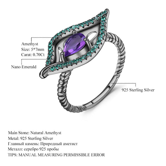 Italian Craft Designer Ring Natural Wind Leaf Design925Silver Inlaid Natural Amethyst Ring