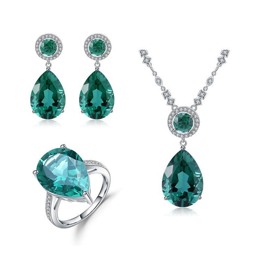 Customization s925Silver Synthetic Green Crystal Ring Necklace Earrings Three-Piece Set Inlaid Gemstone Jewelry Set
