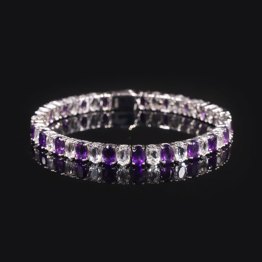High-end Two-tone Tennis Chain Jewelry s925Sterling Silver Inlaid Natural Amethyst Oval Gemstone Bracelet
