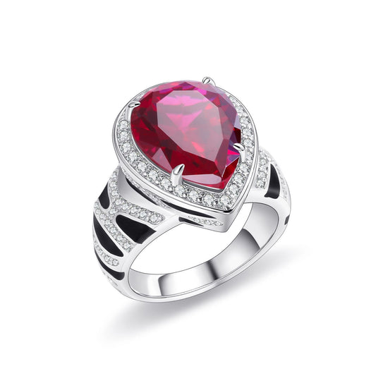 New Style Large Carat Gemstone Ring S925Sterling Silver Pear Shape Red Sapphire Crystal Snake Pattern Ring for Men and Women