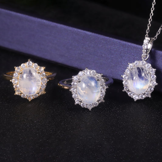 Light Luxury Minimalist Style Natural Moonstone Ring Pendant Set S925Sterling Silver Cream Blue Moonstone Ring