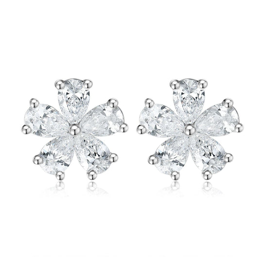Five-petal Flower Diamond Stud Earrings18k Gold Inlaid Cultivated Diamond Earrings Pear-Shaped Small Diamond Platinum Stud Earrings ins Wind
