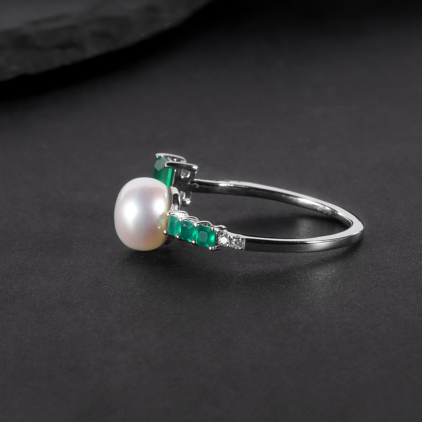 S925Sterling Silver Natural Freshwater Pearl Adjustable Open Ring for Women Fashionable Light Luxury Natural Green Agate Ring