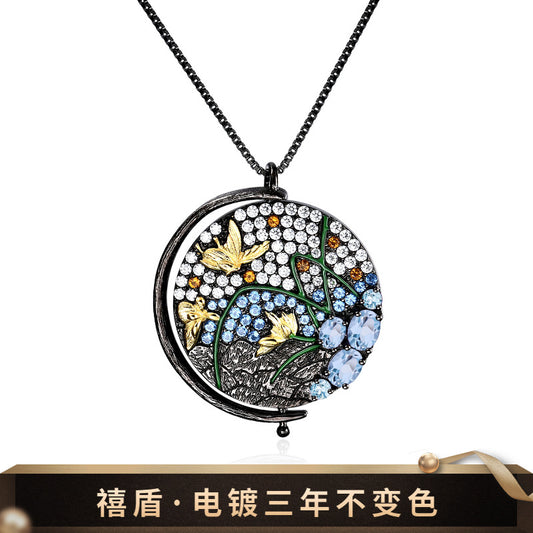 Italian Craftsmanship Natural Style Pattern Retro Jewelry Designer Necklace 925Silver Inlaid Gemstone Necklace Pendant