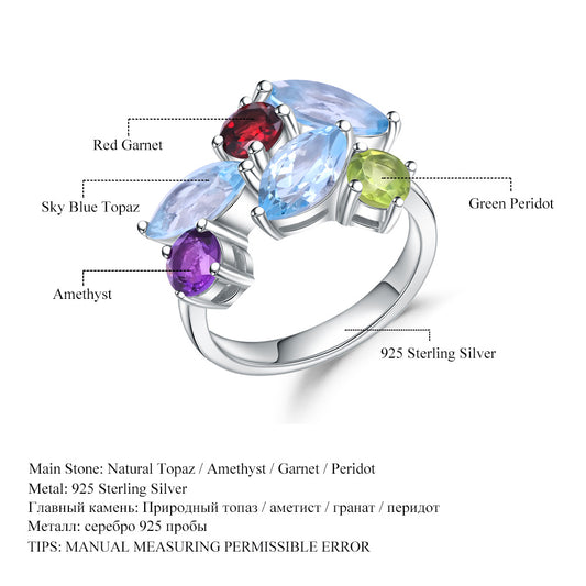 In-stock Direct Supply Colorful Gemstone Rings for Women Fashion Retro Inlaid Natural Stone s925Silver Crystal Ring