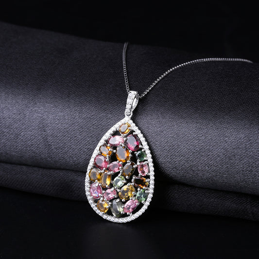 New Natural Tourmaline Pendant Necklace  Niche ins Design s925Silver fashion Natural Gemstone Necklace