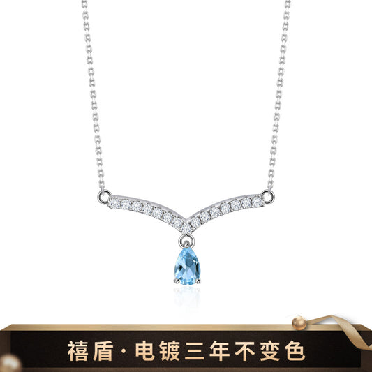 Light Luxury v Letter Shape Design Sense Gemstone Necklace s925Silver Inlaid Natural Gemstone Topaz Necklace Pendant