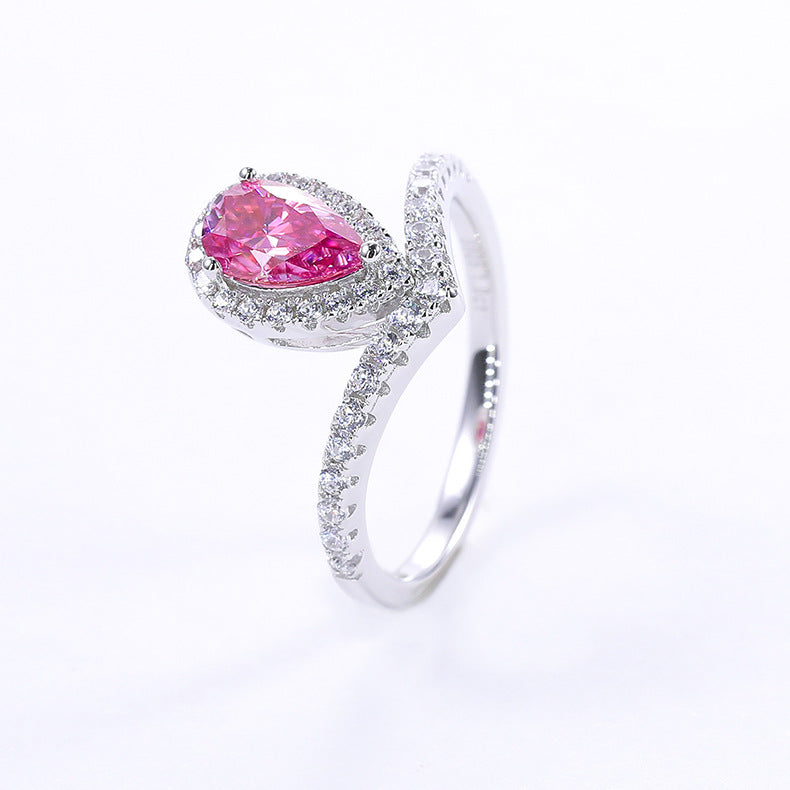 Fashion Crown Water Drop V Shaped Ring s925Silver1Carat Colorful Moissanite Ring Wholesale